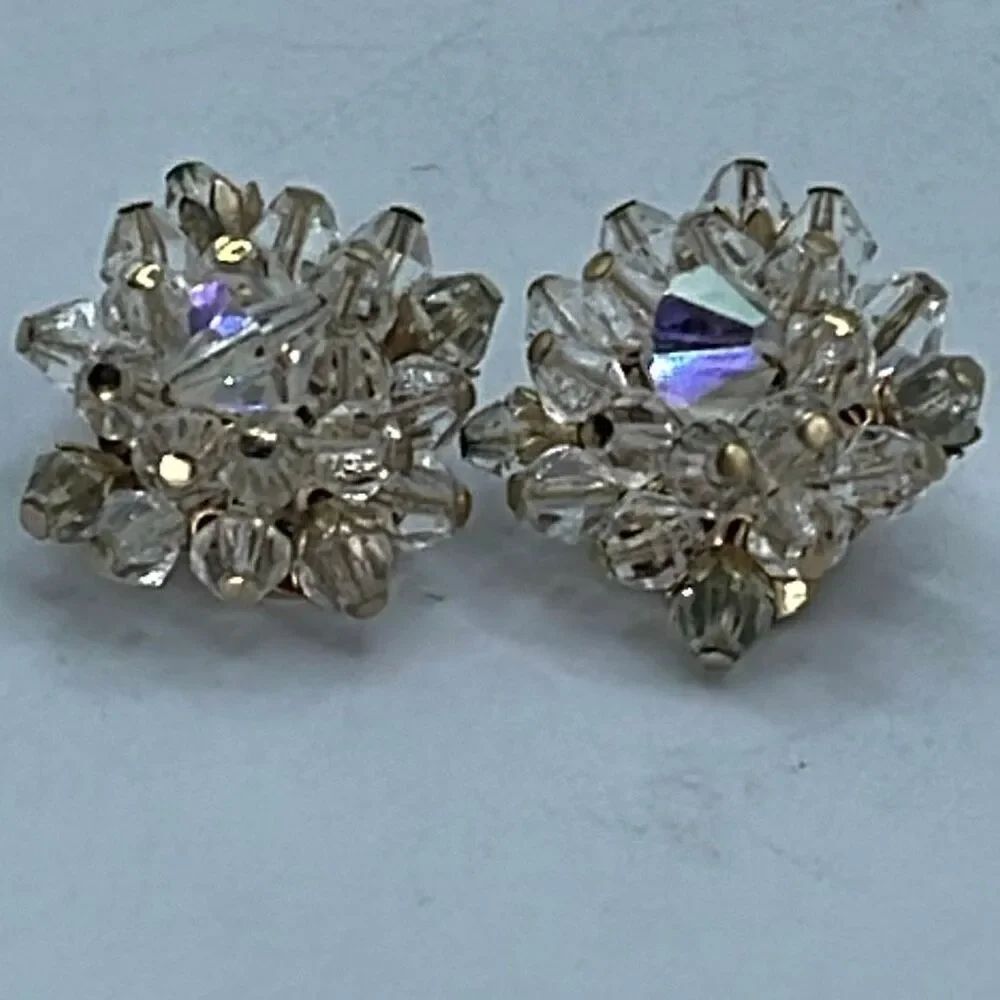 Vintage Aurora Borealis bi-cone starburst Midcentury glam clip earrings.